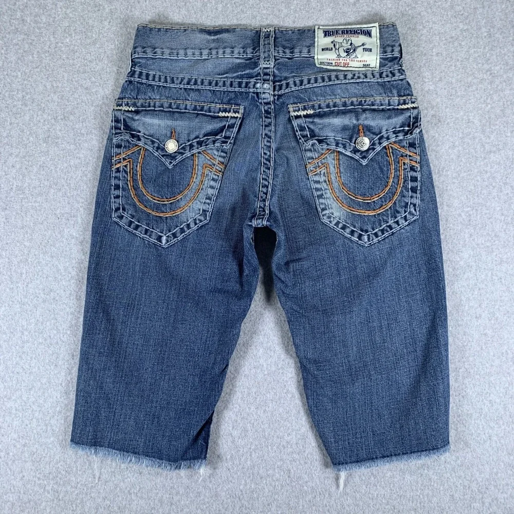 True Religion Cut Off Denim Shorts Mens 29 Blue Flap Pocket Straight Raw Hem